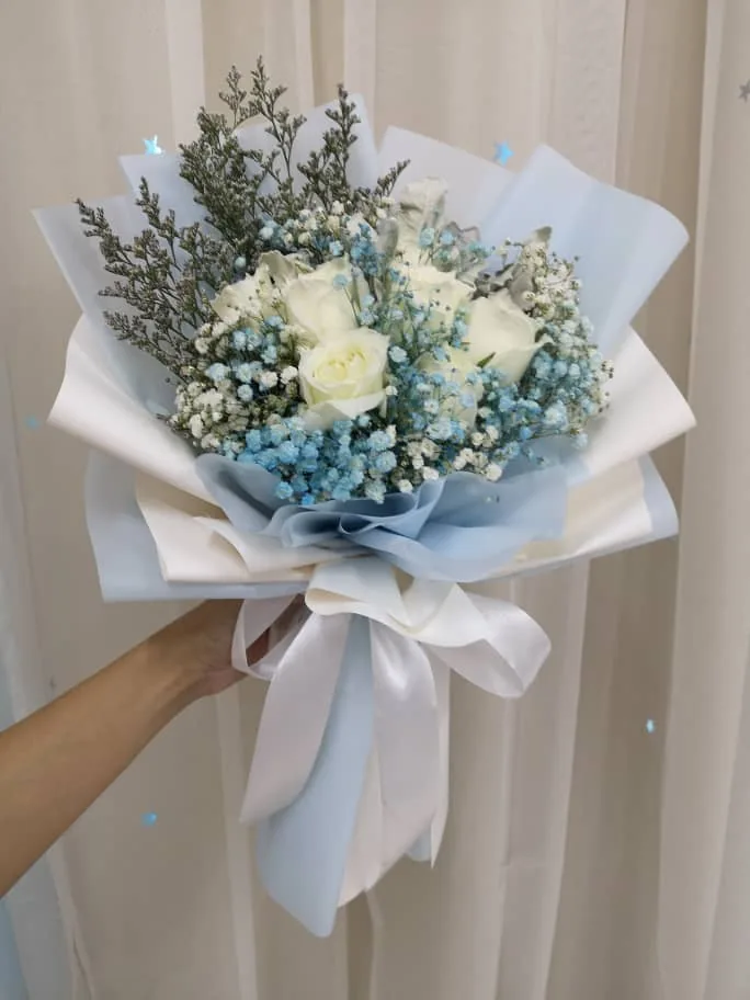 Ocean Wind Bouquet – White Roses & Blue Baby Breath | Florist in Kajang