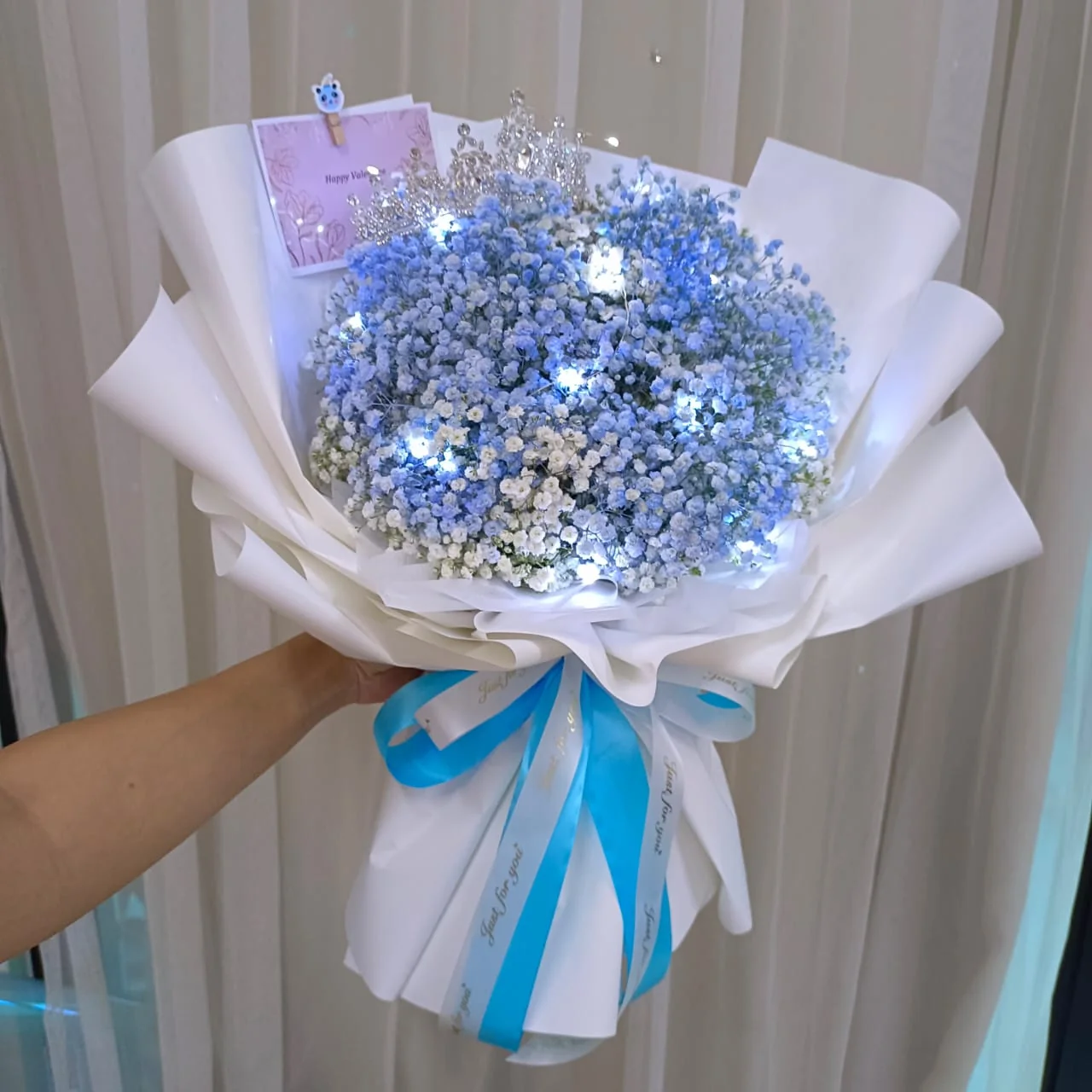 Baby Blue Baby Breath Bouquet with Crown & LED | Florist in Kajang