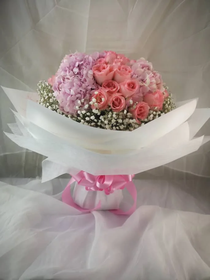 Evelyn Hydrangea Bouquet – Pink Hydrangeas & Roses | Florist in Kajang
