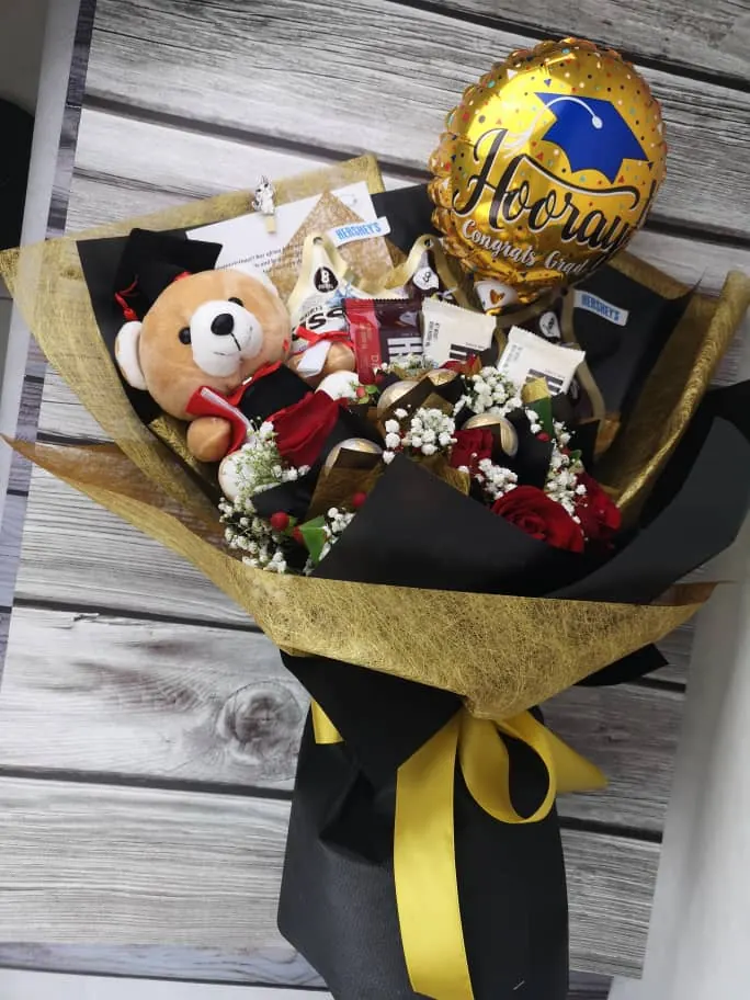 Hooray Grad – Graduation Bouquet with Bear & Chocolates | Florist in Kajang