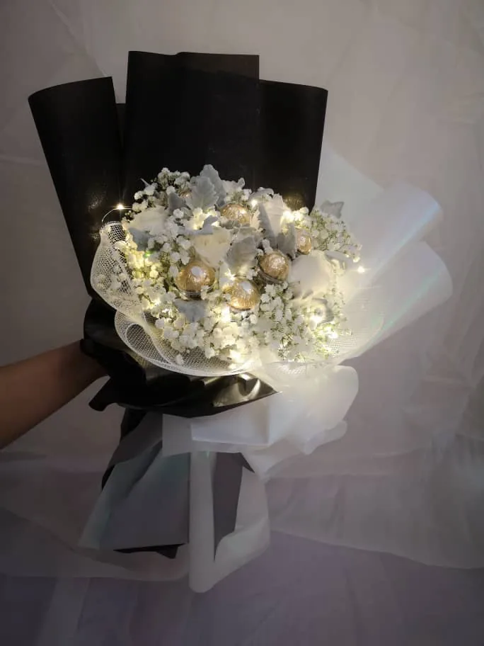 In Black and White | White Roses & Ferrero | Florist in Kajang
