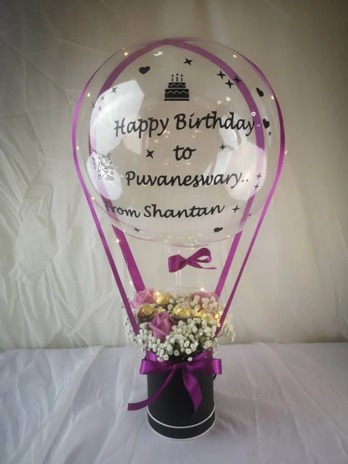 Hot Air Balloon Ferrero & Purple Roses Box – LED Gift | Florist in Kajang