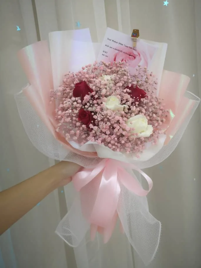 Pink Berry Bouquet – Fresh Roses & Baby Breath | Florist in Kajang