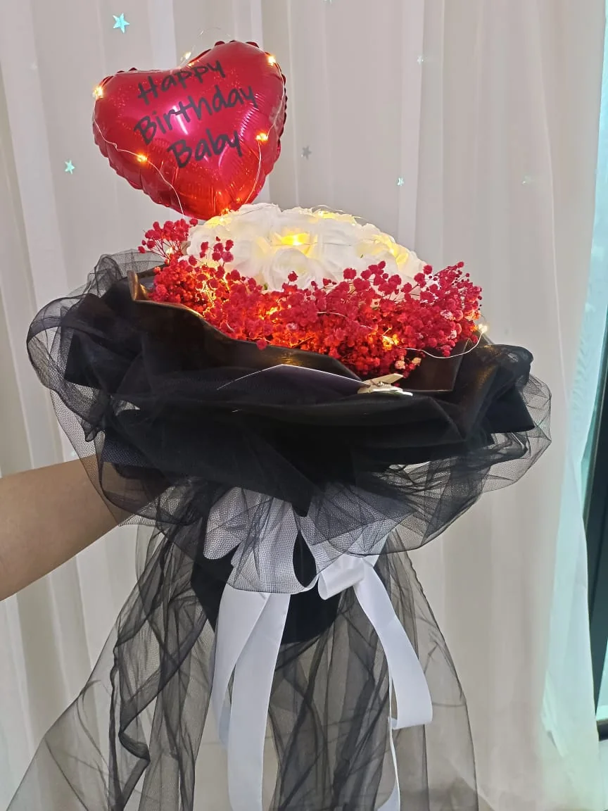 White Soap Roses Bouquet with LED & Balloon | Florist in Kajang