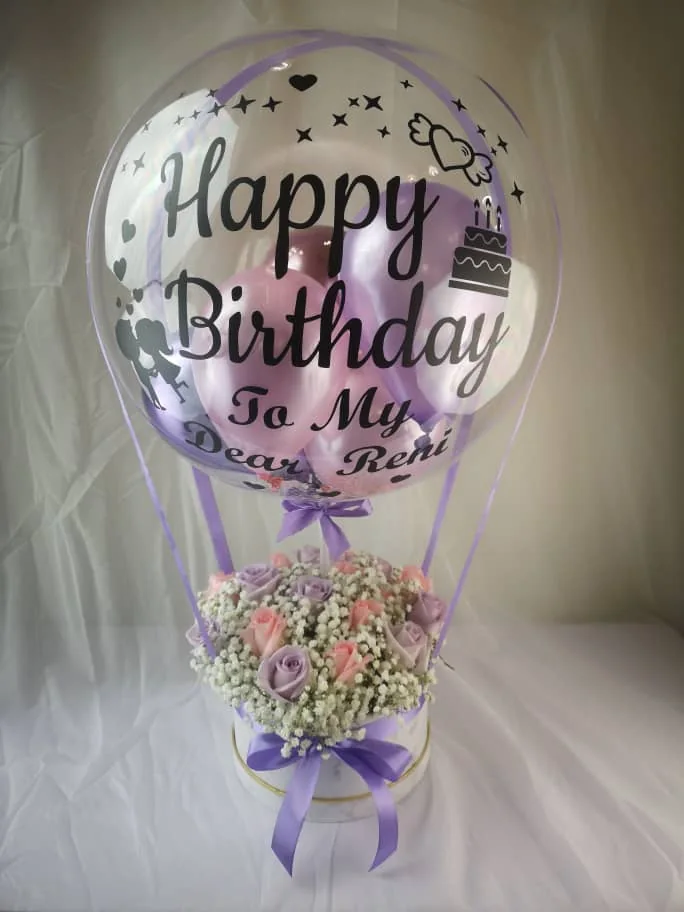 Hot Air Balloon Pastel Roses Box – Elegant Floral Gift | Florist in Kajang