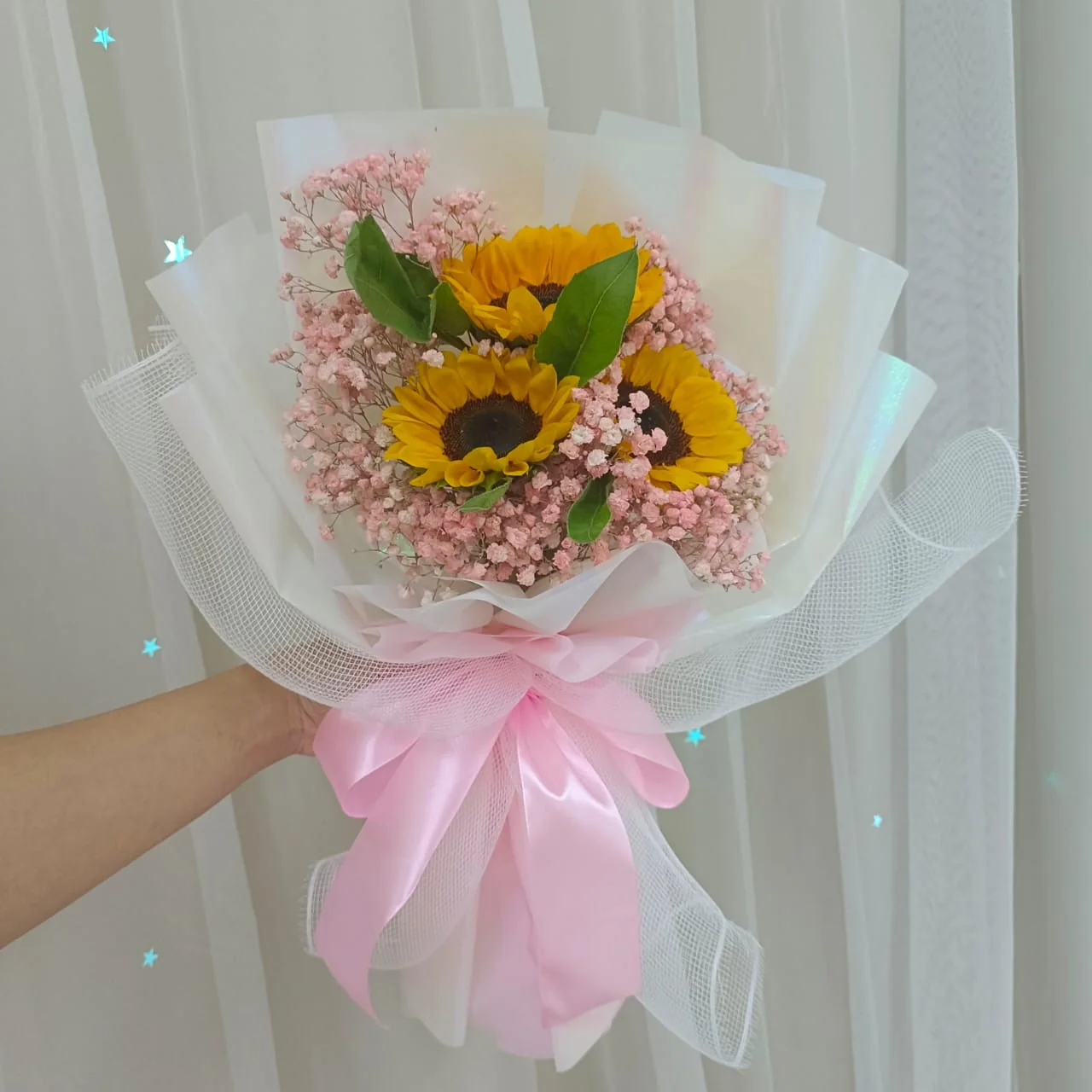 Sunflower with Pink Baby Breath Bouquet | Florist in Kajang