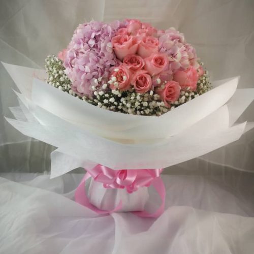 Evelyn Hydrangea Bouquet – Pink Hydrangeas & Roses | Florist in Kajang