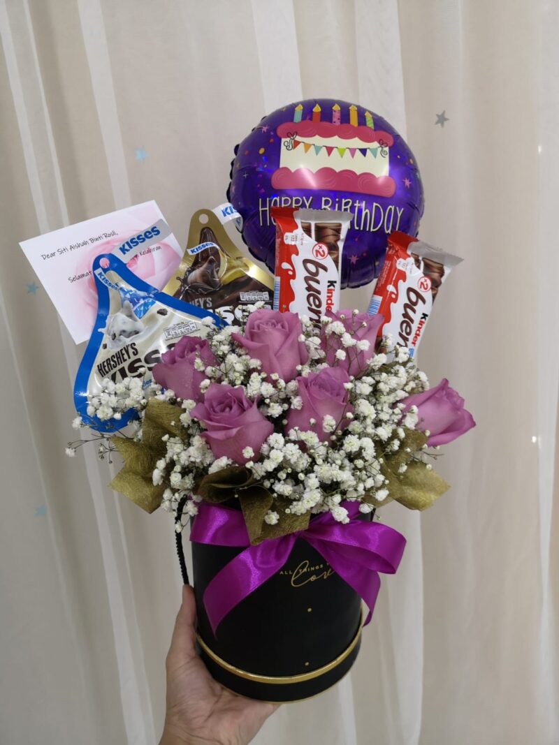 Purple Roses with Chocolate Box – Elegant Roses & Chocolates | Florist in Kajang