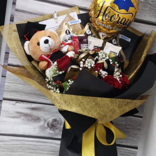 Hooray Grad – Graduation Bouquet with Bear & Chocolates | Florist in Kajang