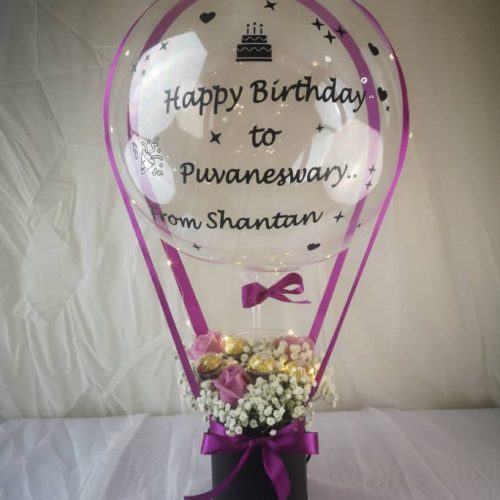 Hot Air Balloon Ferrero & Purple Roses Box – LED Gift | Florist in Kajang