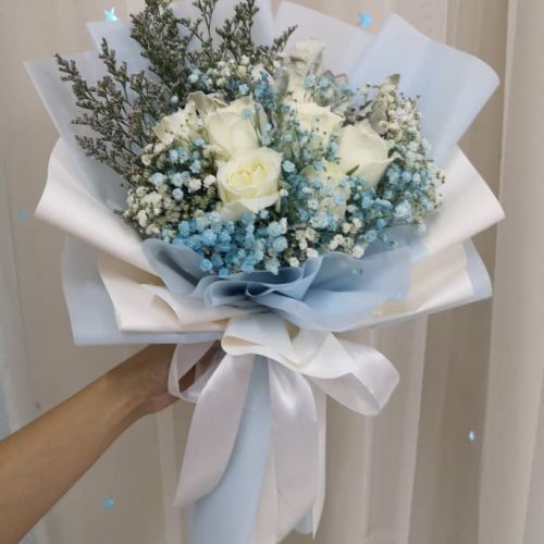 Ocean Wind Bouquet – White Roses & Blue Baby Breath | Florist in Kajang