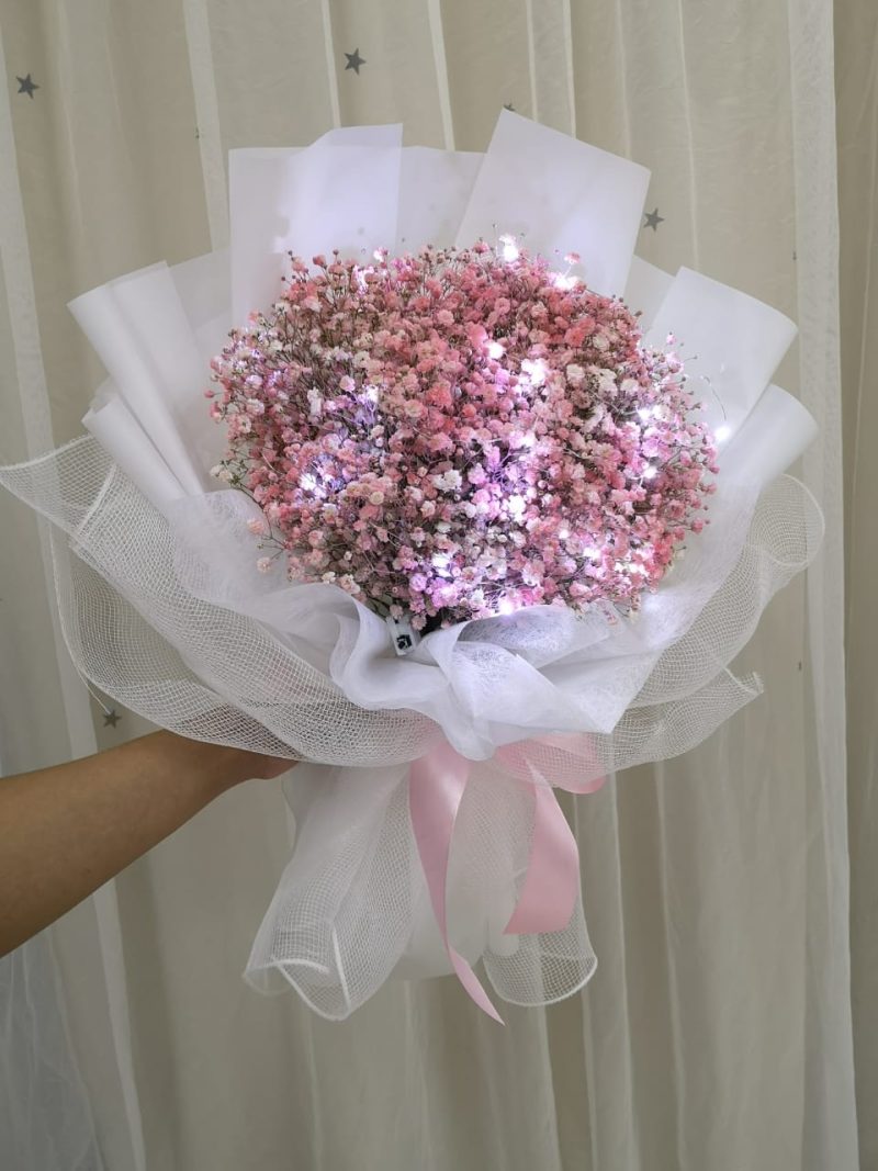 In White – Light Pink Baby Breath Bouquet | Florist in Kajang