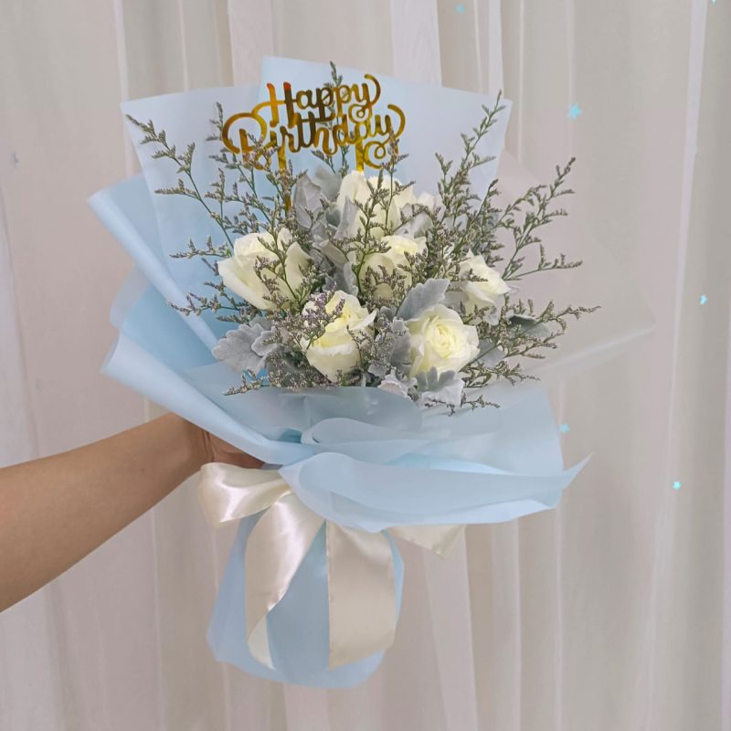 Happy Birthday Bouquet – Elegant White Roses | Florist in Kajang