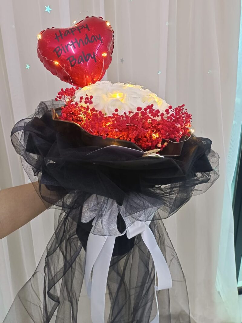 White Soap Roses Bouquet with LED & Balloon | Florist in Kajang