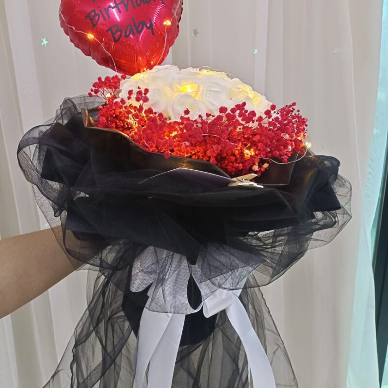 White Soap Roses Bouquet with LED & Balloon | Florist in Kajang